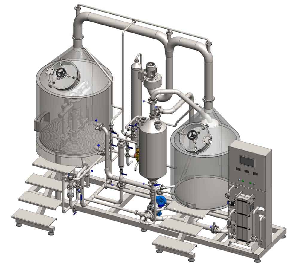 Equipment view of the BREWORX CLASSIC-ECO brewhouse 在BREWORX CLASSIC-ECO啤酒厂的设备视图