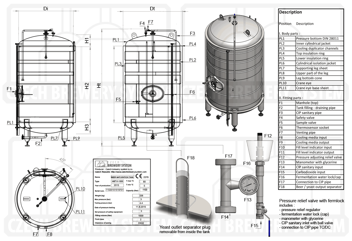 MBTVI-300C Zylinderförmiger Druckbehälter für die Nachgärung von Bier oder Apfelwein (Reifung, Verkohlung), vertikal, isoliert, 300 / 334L, 3.0bar MBTVI 2000 2015 Beschreibung - MBTVI- 300c Zylinderdrucktank für die Nachgärung von Bier oder Apfelwein (Reifung, Karbonisierung), vertikal, isoliert, 300 / 334L, 3.0 bar - vertikal isoliert