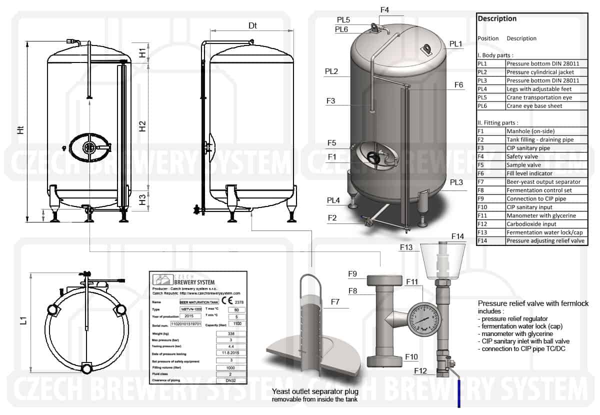 MBTVN-1000C Cylindrical pressure tank for the secondary fermentation of beer or cider (maturation, carbonization), vertical, non-insulated, 1000/1203L, 3.0bar 用于啤酒或苹果酒二次发酵(成熟,碳化)的圆柱形压力罐,垂直,不保温,1000/1203L, 3.0bar -垂直,不保温