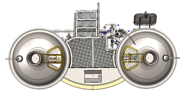 Modulo Classic 500 brewhouse - top view on the wort brew machine Modulo Classic 500啤酒厂-麦汁酿造机上的俯视图