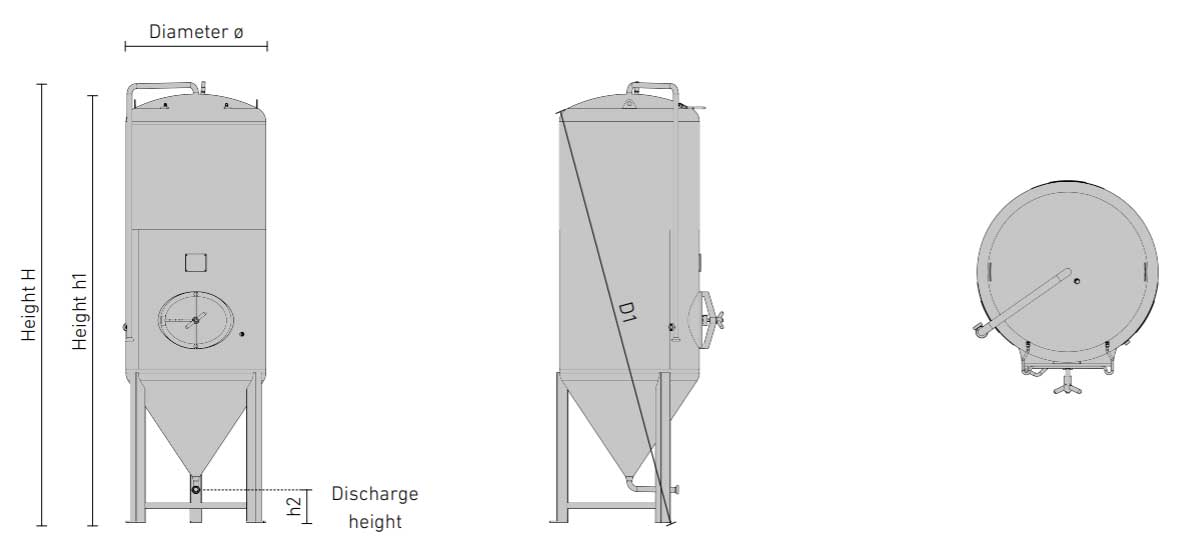 CCT-SHP3-1000DE : Cylindrically-conical universal fermentor 1000/1200 liters 3.0 bar (non-insulated / insulated) CCT SHP3尺寸 - CCT-SHP3-1000DE:圆柱形通用发酵器1000/1200升3.0条(非绝缘/绝缘) - CCTI,CMTI,CCTSHP,经典,HFT